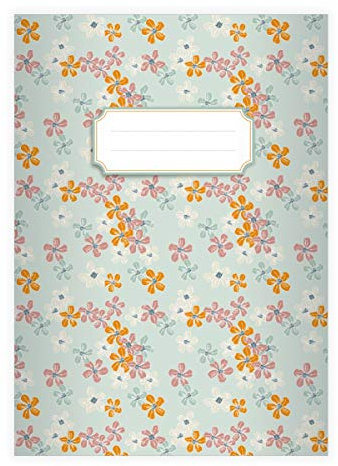 Kartenkaufrausch 4 Elegante Vintage DIN A4 Schulhefte, Rechenhefte mit klassischen Retro Streublumen, hellblau Lineatur 26 (kariertes Heft 16 Blatt/32 Seiten) Notizheft, Kladde für Schule, Uni, Büro