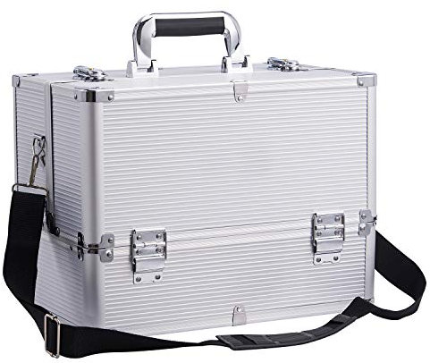 Stagiant Extra Large Makeup Case Vanity Case Make up Organiser Professional Makeup Storage Cosmetic Organiser Case Lockable Storage Box Nail Polish Organiser 6 Trays and Shoulder Strap, Silver