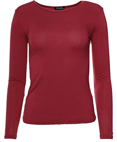 Easy Young Fashion - Damen Basic Rundhals Shirt - Langarm Unterziehshirt - Skinny Fit 1093 - Dunkelrot L