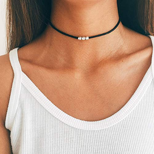 TseenYi Boho-Halskette mit türkisfarbenen Perlen, kurze schwarze Halskette, schlichtes Halsband, Schmuck für Damen und Mädchen (Silber)
