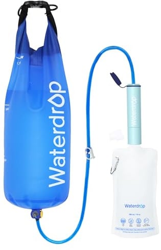 Waterdrop Schwerkraft Wasserfilter Strohhalm, Camping Wasserfiltersystem, Wasseraufbereiter Survival für Reisen, Rucksackreisen und Notfallvorsorge, 1,5 Liter Beutel, 0,1 Mikron, Hellblau