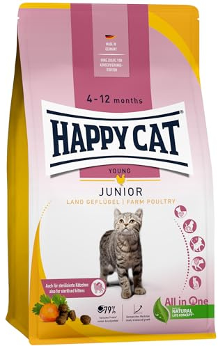 Happy Cat Young Junior Katzenfutter Geflügel Jungkatzen trocken, 4 kg | Junior-Trockenfutter vom 4. bis 12. Monat, auch für sterilisierte Kätzchen, 79 % tierisches Protein, Krokette S