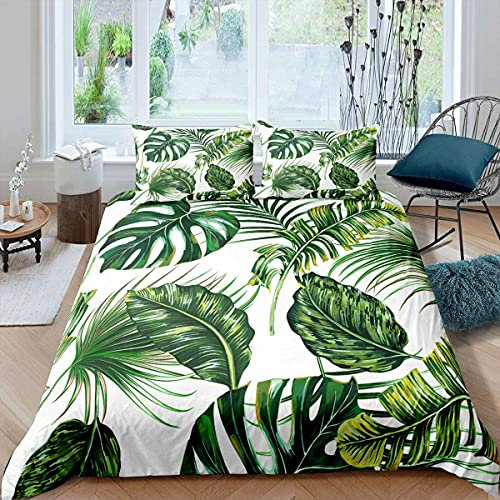 Palm Leaves Trösterbezug Monstera Bananenblätter Bettbezug Hawaiian Tropical Leaves Bettwäsche Set Grüne Blätter Zweige Bettbezug für Herren Damen,Weiß 2 Stücke 135x200