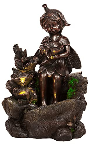 Zimmerbrunnen mit LED Leuchten, 57cm hoch Springbrunnen für Innen und Außen in verschiedenen Designs, Frosch, Elfe, Kinder, Krüge (Brunnen 14 Elfe)
