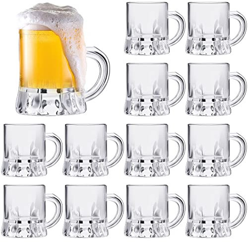 Meanplan Mini Beer Mugs Bulk Shot Glasses Beer Glasses Set 1oz Small Clear Beer Stein with Handles Mini Tasting Whiskey Cups for Drinking Beer Festival Birthday BBQ Bar Party(12 Pieces, Plastic)