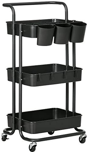 HOMCOM Carrito Auxiliar con Ruedas de 3 Niveles Carrito de Cocina con Mango 3 Cestas de Malla y 3 Cajas Colgantes Carro de Almacenamiento para Baño Salón 42x38x86,5 cm Negro