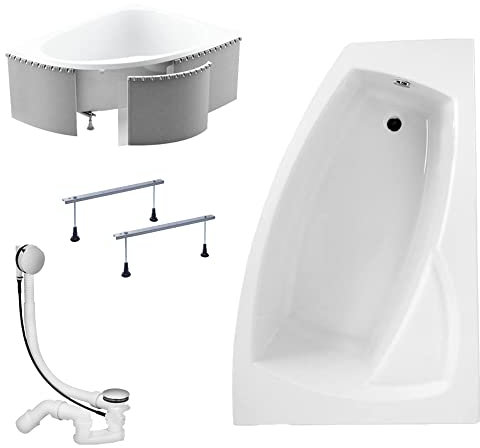 KOLMAN Badewanne FRIDA Eckbadewanne 150x100 Rechts mit Styroporverkleidung, Ablaufgarnitur und Füßen Komplettset 4in1 Premium Original Acryl Wanne Siphon