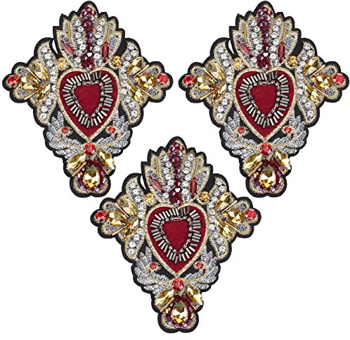 INFUNLY 3 Stück Perlen-Strass-Herz-Patches Zum Aufnähen Für Jacken, Stickerei, Perlen-Patch, Herz-Applikation, Patches Für Kleidung, Kleid, Jacken, Handtaschen, Schuhe, DIY-Dekoration