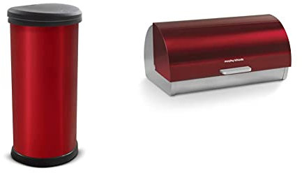 CURVER Metal Effect Kitchen One Touch Deco Bin, Red, 40 Litre & Morphy Richards 46241 Accents Roll Top Bread Bin, Stainless Steel, Red