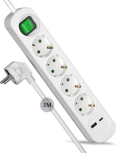 Maiyle Steckdosenleiste 4-Fach mit 1USB & 1USB-C, Verlängerungskabel 3M, Mehrfachstecker für Steckdose mit Schalter, Steckdosen Kindersicherung, Mehrfachsteckdose für Smartphones, Laptop, Weiß