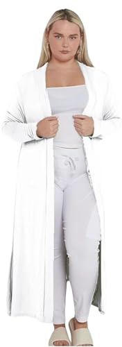 eyes Ladies Plain Long Maxi Length Boyfriend Women Cardigan Collared Open Top Full Sleeve Floaty Duster Jacket Coat Casual Blazer Plus Size Cardigans White 12 to 14