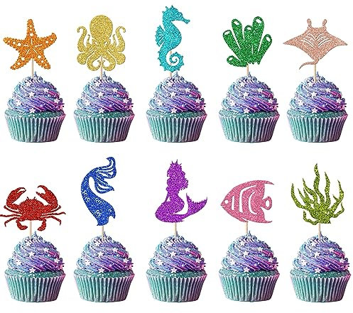 SYKYCTCY 30 Pack Mermaid Cupcake Toppers Glitter Seahorse Starfish Mermaid Tail Cupcake Picks Octopus Jellyfish Mermaid Tail Cupcake Decorations for Baby Shower Under The Sea Birthday Cake Decorations