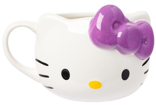 Silver Buffalo Sanrio Hello Kitty - Taza de cerámica esculpida en 3D con lazo morado, 20 onzas