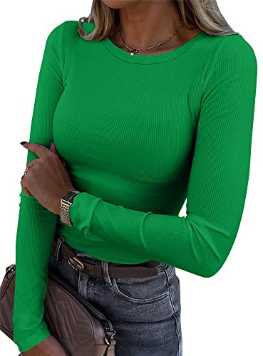 Smile Fish Womens Long Sleeve Stretch Crewneck Ribbed T-Shirt Fitted Casual Basic Tops, Green M