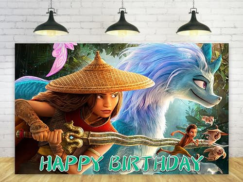 Prinzessin Raya Hintergrund für Geburtstagsparty-Dekorationen, Raya und der letzte Drache Hintergrund für Babyparty, Party, Kuchen, Tischdekoration, Zubehör, Raya-Themen-Banner, 1,5 x 0,9 m