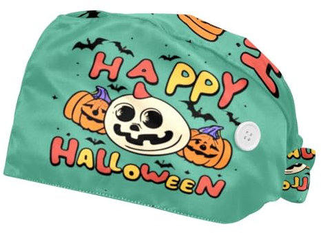 Unisex 2 Stück Scrub Cap mit Knöpfen Schweißband Hüte OP-Kappen für Damen und Herren, Happy Halloween, Mehrfarbig 3, One size