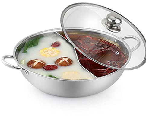 OQHAIR Chinese Shabu Shabu Pot Hot Pot with Divider Stainless Steel Shabu Shabu Hot Pot for Induction Cooktop Gas Stove Dual Sided Soup Cookware (Color : Silver, Size : 28cm) (Silver 38cm
