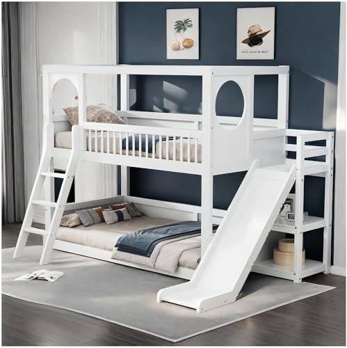 Racxily Litera con tobogán y estante, cama para niños 90 x 200 cm con barandillas anticaída, cama matrimonial, cama multifuncional para niños, color blanco