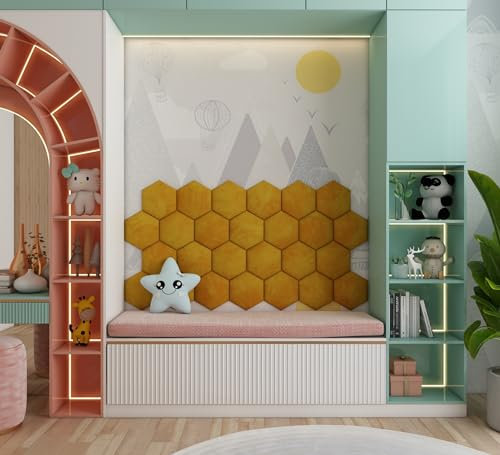 Soft Velour Upholstered Acoustic Wall Panels | Decorative Headboard Panels for Children's Room & Playroom | Cozy Wall Padding & Safety Railing | (Yellow, 4x Hexagon (25x25cm))