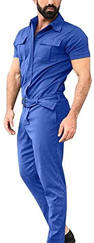 Rrongwn Herren Kurzarm Overall Jumpsuit Lange Einteiler Arbeitsoverall Mit Gürtel Zipper Maleranzug Arbeitskleidung Männer Lässiger Mode Streetwear