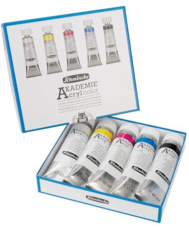 Schmincke - Akademie® 76776097 - Juego de 5 tubos de 60 ml de colores básicos + negro + blanco, 76776097, pintura acrílica Fine Artist, brillante, altamente resistente a la luz y sin cadmio