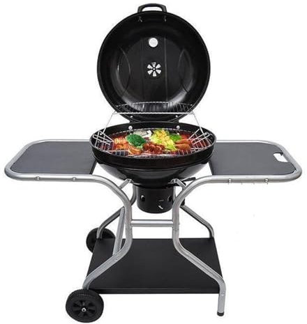 Portable Charcoal Kettle BBQ Grill Outdoor Barbecue Trolley BBQ Heat Smoker Grilling with Two wheels, Free Standing Camping BBQ Grill Deluxe Cooker - Black