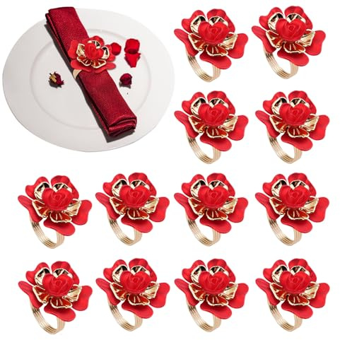 Weihnachten Rose Serviettenringe, 12pcs Christma Blume Serviette Schnallen Set Handwerk Rose Blume Serviettenringe, rote Rose Serviette Schnallen Halter für Thanksgiving Xmas Hochzeit Jahrestag Party