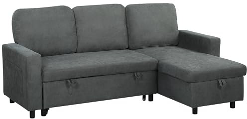 HOMCOM Sofa Bed with Storage, Convertible L Shaped Corner Sleeper Couch, 3 Seater Pull Out Sofa Bed with Reversible Chaise, Side Pockets for Living Room, Bedroom, Small Spaces, Charcoal Grey
