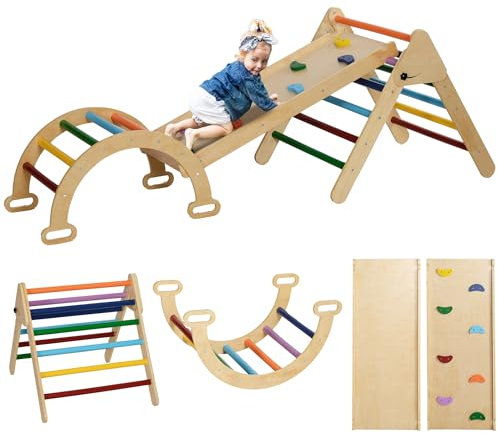 AIYAPLAY Triángulo de Escalada de Madera Plegable 5 en 1 Escalada para Niños de 18-48 Meses con Rampa Juego de Escalada de Arco para Deslizarse o Trepar 178x64,5 cm Multicolor