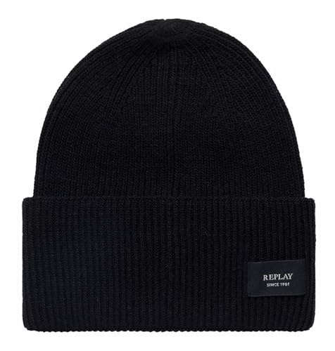 Replay Unisex Strickmütze mit Umschlag, Black_ 0098 (Schwarz), Einheitsgröße