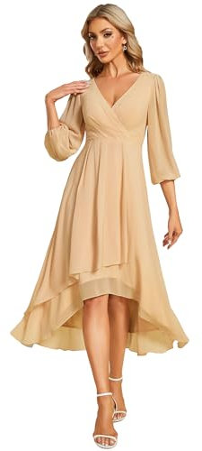 Ever-Pretty Women's Midi Chiffon V Neck 3/4 Sleeves Pleated High-Low A-Line Knee Length Wedding Guest Dress Champagne 14UK