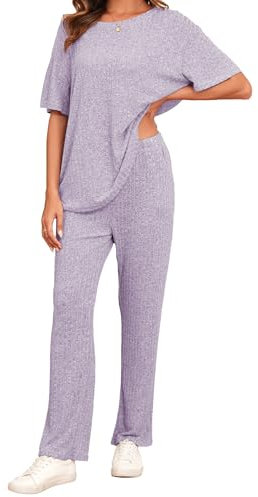 Famulily Lounge Wear Sets for Women UK Ribbed Short Sleeves Tops and Trousers Set, Ladies Travel 2 Piece Outfits Summer Tracksuits Sleepwear (L, Purple)