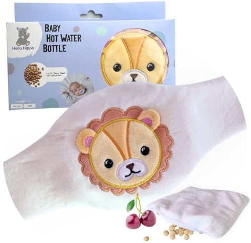 Hello Hippo - Bouillotte Noyaux de Cerise Bébé - Ceinture Chauffante Sèche Anti-Colique pour Nourrisson, Micro-Ondes ou Four, Hypoallergénique et Lavable (Lion)