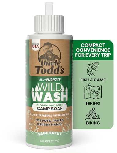 Uncle Todd's Wild Wash Biodegradable Soap, Camping Soap Ideal for Dishes, Body, Hands, and Clothes - 4oz, Sage Scent