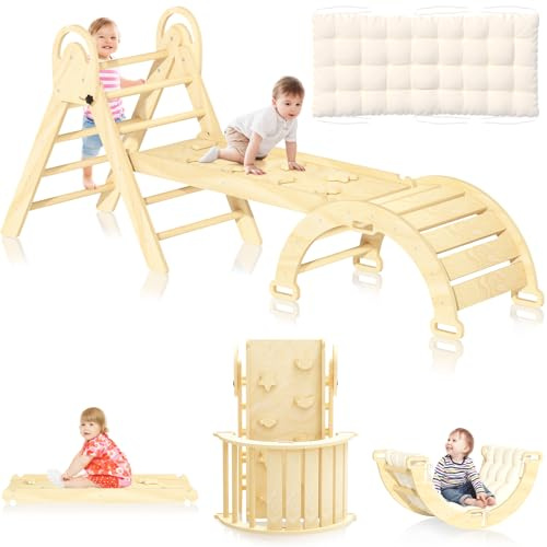 ElegantCraft Triangle Set, Baby Climbing Playset Toys Indoor, Jungle Gyms for Toddlers Ages 1-4, Toddler Climbing Playground with Cushion (Nature & Cushion)