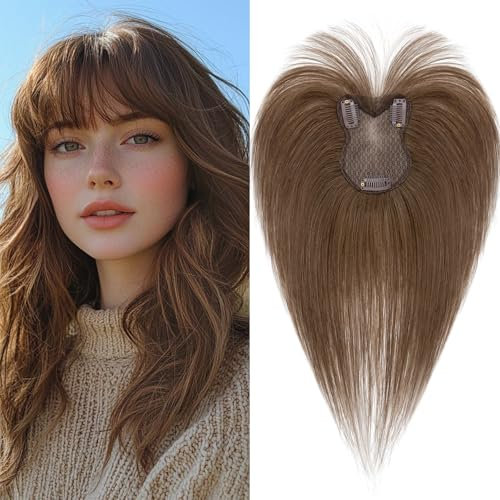 Benehair Echthaar Hair Topper für Frauen, 100% Echtes Haar Clip in Topper, 21g Echthaar Topper mit Bange, Menschliches Haar Topper Spitze Basis, Dunkelbraun Toppers für Frauen mit Dünnem #4