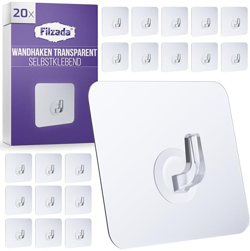 Filzada® 20x Klebehaken Extra Stark bis 10kg 70x70mm Transparent | Wandhaken selbstklebend für Bad, Küche, Fliesen, Glas - Aufhänger rückstandslos ablösbar - Transparente Haken