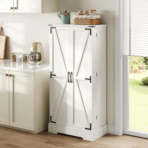 Armario de cocina de 128,5 cm, armario de almacenamiento de granja con 2 puertas batientes y estantes ajustables para espacios pequeños en el comedor o sala de estar, estructura blanca en huecograbado
