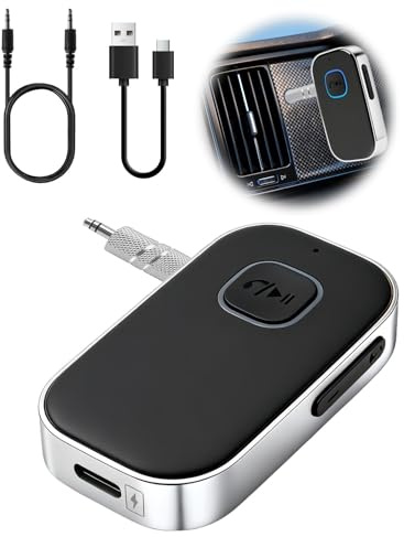 Bluetooth 5.0 Transmitter Receiver Wireless Audio Adapter 2 Devices Connect - Dual Connection, Mic for Calls, Aux Bluetooth Adapter for Speaker, Car, TV, Airplane, Headphone, Long Playtime