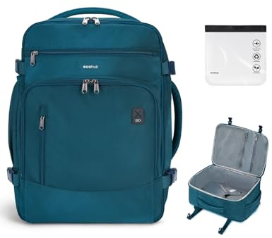 ECOHUB Bagage Cabine EasyJet 45x36x20, 13 Poches Sac à Dos Voyage Avion sous le Siège, Compartiment Ordinateur 15,6”, avec Trousse de Toilette Transparente, rPET Recyclé, Bleu-vert, 30L
