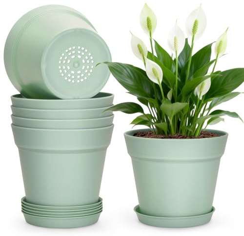 KINGLAKE 6Pcs Plastic Plant Pots Indoor Outdoor, 6 Inch/15.3cm Sage Green Plant Pots Modern Flower Pot for Office Desk House Plants with Drainage Holes and Trays