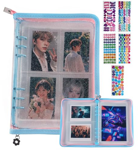 Laveminyx Kpop Fotokartenbuch, A5, 5 Stickerbögen und 50 Kartenseiten, 270 Fächer, 3 Kartenfächer. 6-Ring-Fotokartenhalter, niedlicher Ordner mit glitzerndem transparentem Einband, Fotoalbum für