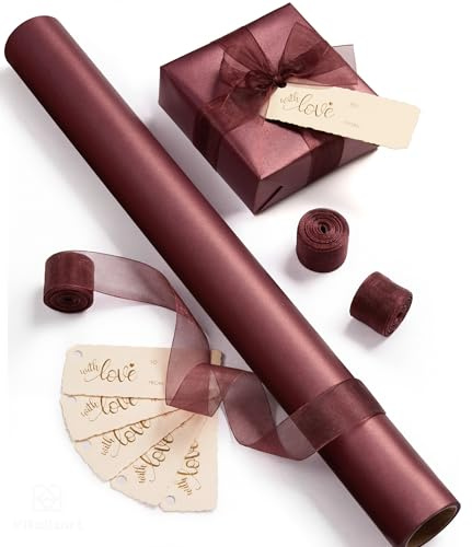Vitalizart Burgunderrotes Perlglanz-Geschenkpapier 43 cm x 5 m | Geschenkpapierrolle & Organza-Bänder & Geschenkanhänger Set für Valentinstag, Hochzeit, Geburtstag, Weihnachten, Babyparty