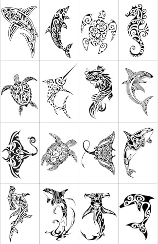 Vesavifaka 16 Pièces Tatouages Temporaires, Faux Tatouages pour Adultes avec Designs Tribaux Noirs pour Femmes Hommes, Thèmes Raie Pastenague Maori Requin Baleine Hippocampe, Longue Durée, Étanche