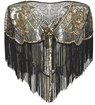 Coucoland 1920s Stola Damen Retro Schal Umschlagtücher Hochzeit Braut Schal Schulter Bedeckung für Abendkleid 20er Jahre Stil Gatsby Kostüm Accessoires (Gold Schwarz)