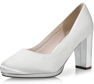 Rainbow Club Brautschuhe Clair - Damen, Pumps, Plateau, Ivory/Creme, Satin, Bequem Gepolstert, Hochzeitsschuhe, Silber Blockabsatz - Gr 42 EU (9 UK)