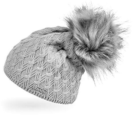 Neverless® Damen Strick-Mütze gefüttert Fell-Bommel Kunstfell Winter-Mütze Bommelmütze hellgrau Unisize