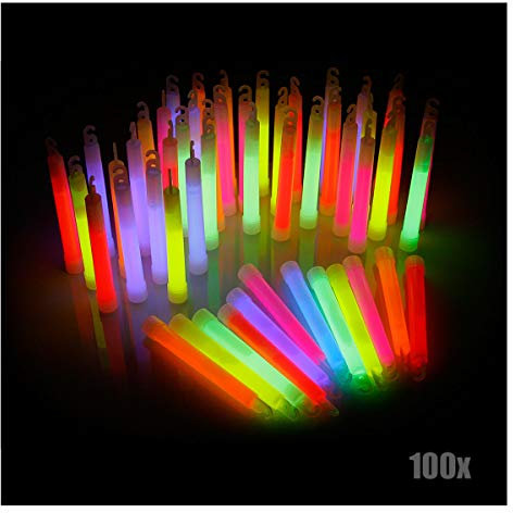 KNIXS 100er Pack Power-Knicklichter/Knicklicht (15cm) inkl. Spezialhaken und Befestigungsband im 6-Farb-Mix Leuchtend für Party, Festival, Outdoor oder als Dekoration