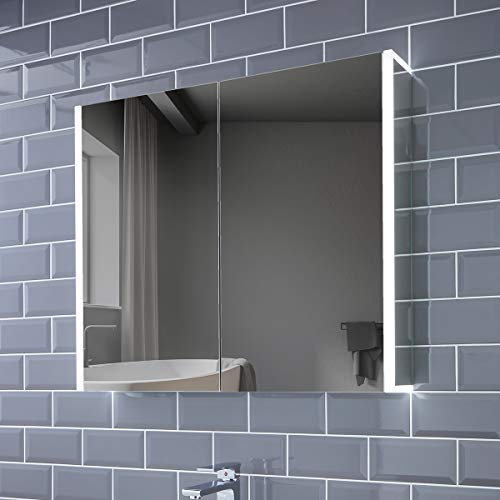 Pebble Grey Illuminated Bathroom Mirror Cabinets with Lights 815x700mm IP44 Rated - Grace LED Bathroom Mirror Cabinet with Shaver Socket, Demister Pad, & Motion Sensor, Fully Assembled Wall Mirrors