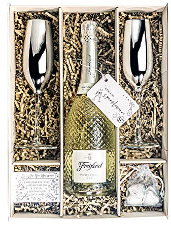 Prosecco DOC 75cl Gift Set Hamper With Matching Metallic Silver Champagne Flutes, Chocolates And Gift Box - Thank You, Engagement, Anniversary For Her & Him (Prosecco Tops)